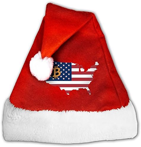 Santa Hat Christmas Hat Velvet Santa Hat Festive Holiday Hat For Adults Kids - US Flag Bitcoin Logo