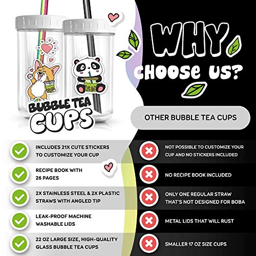 2Pack Reusable Bubble Tea Cup Set 22oz Glass Boba Tea Cups with Lids