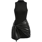 MakeMeChic Women's Leather Dress Sleeveless Summer Dresses with Ruched Wrap Tie Skirts Date Night Outfit
