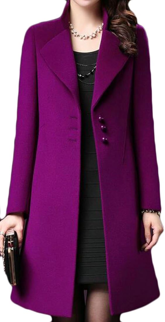 Cromoncent Womens Elegant Thick WoolBlend SingleBreasted Lapel Pea