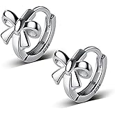Reffeer Solid 925 Sterling Silver Small Bow Hoop Earrings Huggie for Women Teens Bowknot Huggie Earrings