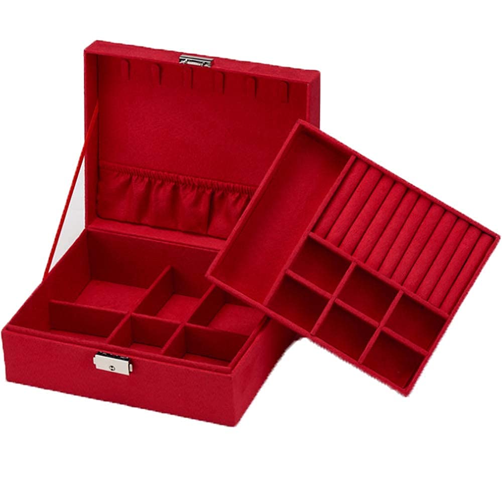 Coqlycot Jewellery Box Organiser with Lock for Necklace Earrings Bracelets Rings, Double Stackable Layer, Removal Tray, Suede Leather Jewelry Storage Case with Necklace Hangers Compartment (Red)