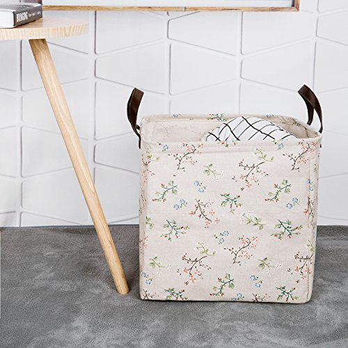 100% Cotton Canvas Storage Basket, Household Storage Organizer Bin with PU Handle, Baby Toys Storage Bins, Shelf Storage Cubes for Living Room Cabinet,Inner Waterproof