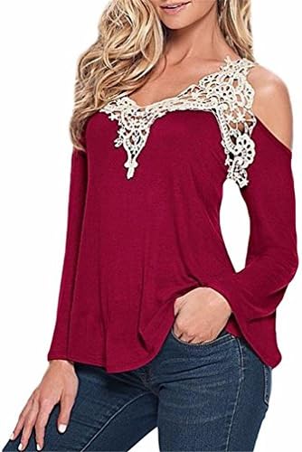 DHFashion Plus Size S-5Xl New Woman T-Shirt Loose V-Neck Sexy Long Sleeve T-Shirts Fashion Strapless Lace Stitching Female Casual T-Shirt B1017 Wine Red L