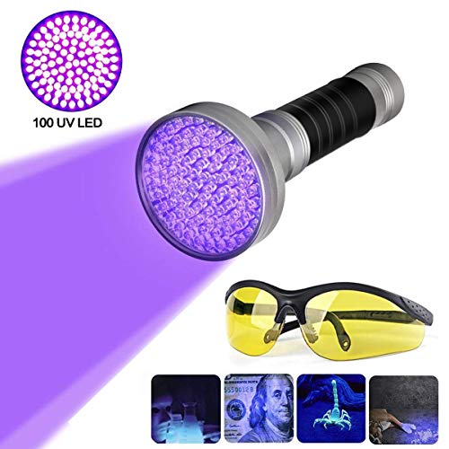 Blacklight Flashlight, 100 LED Ultra Violet UV Flashlight Handheld Blacklight Stain Detector with UV Safety Goggles to Spot Scorpions, Bed Bugs, Bodily Urine, Car Freon Leaks (Sliver) (Sliver)