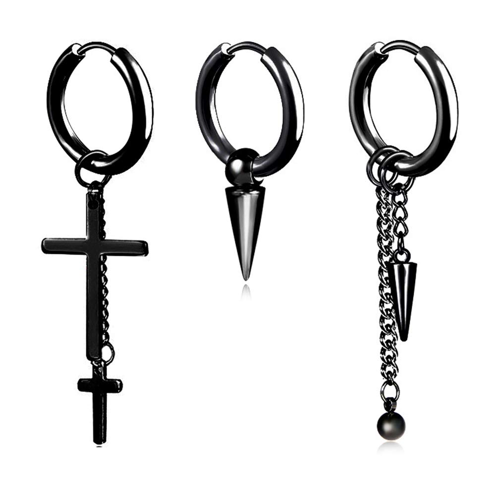Mens Hoop Earrings With Cross Feather Cone Ball Chain Dangle Black Silver 316L Stainless Steel Punk Hip Hop Rock Gothic Style Kpop Earrings For Men Women (Black-Cone)