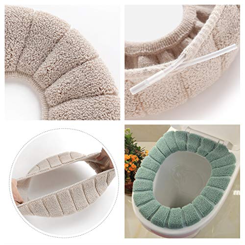 Cushioned Toilet Seat Cover Pads Bathroom Soft Fibers Thicker Warmer Stretchable Washable Lid Covers 2Pcs (Green+Khaki)