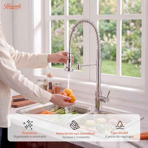 Heemli Torneira Cozinha Gourmet Monocomando Aço Inox Com Spray Extensor,Torneiras Misturadoras de água Quente e Fria,Dois Modos de Distribuição de água（Jatos de água e chuveiros） (Prata)