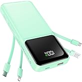 RONEGN Portable Charger with Built in Cable -20000mAh Fast Charging Power Bank USB C Slim 22.5W LED Display Battery Pack 5 Outputs & 3 Inputs for Travel Essentials iPhone Samsung Phones Cyan