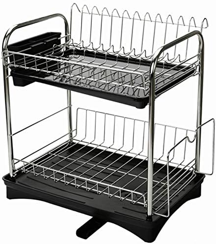 水切りラック 2段水切りかご 回転式排水ノズル付 まな板受け付 カトラリーポケット付 ステンレス製 食器乾燥 食器置き 再再販 台所 ブラック 抗菌 キッチン用品