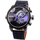 OULM Men's Fashion Quartz Wrist Watch Leather Strap Multi-function Rotational Sub Dial Dual Time Display Alloy Case + Gift Box