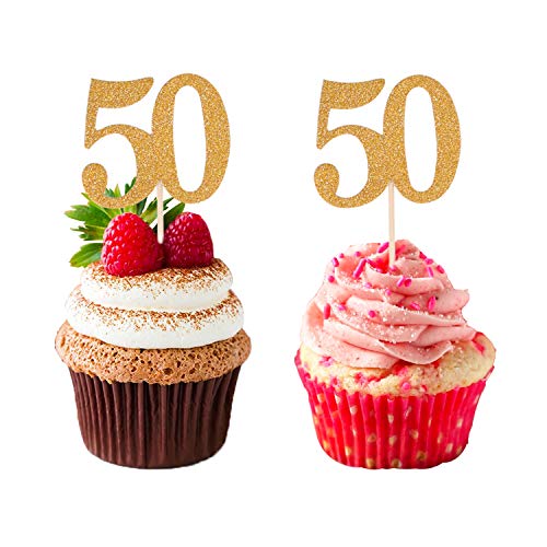 Donoter 50pcs 50th Cupcake Toppers Gold Glitter Number 50 Cake Picks for Birthday Anniversary Party Decoration