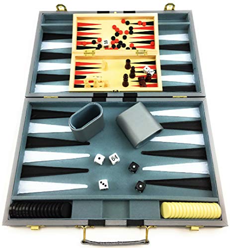 Matty's Toy Stop Deluxe 15" Backgammon Briefcase (Vinyl Gray Attache) with 3-in-1 Chess, Checkers & Backgammon Wooden Travel Games Set (8")