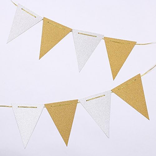 ZOOYOO 10 Feet Gold, Silver Glitter Pennant Banner, Paper Triangle Flags Bunting for Baby Birthday Party, Wedding Decor, Baby Shower, 15pcs Flags, Pack of 2