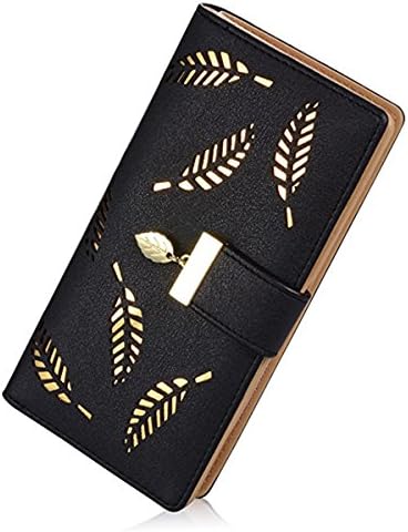 Women's Wallet Hollow Leaf Pattern Bifold Leather Lady Long Wallet Purse Coin Button Clutch Bag