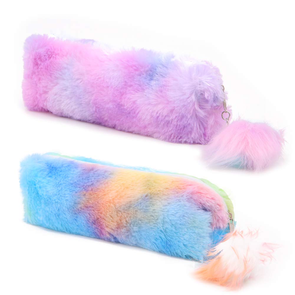 Winterworm 2 Pack Pastel Pink Rainbow Plush Pencil Case with Pompom for Kids School Gift