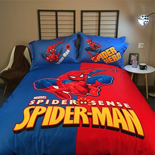 NOOS 3D Cartoon Batman Spider man Bedding Set 100% Cotton Kids Boys Bedding 4PC,1Duvet Cover,1Fitted Sheet,2Pillow Case Queen/Full Twin Size
