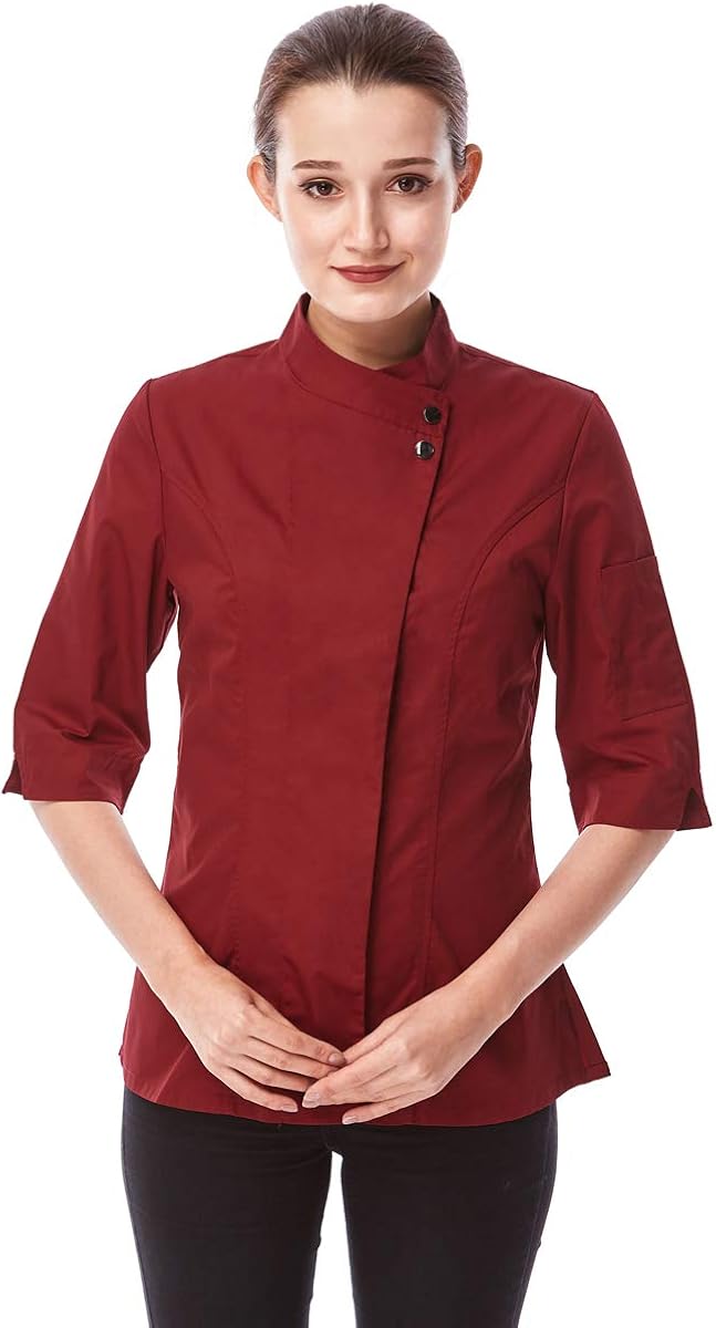 Women's Chef-Coat 3/4 Sleeve Concealed Snap Chef Work Uniform Chef Jacket