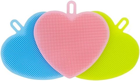 Heart-Shaped Mildew-Free Silicone Kitchen Sponges, Brushes, Scrubbers, Scouring Pads for Vegetables, Fruits, Pots, Pans, Dishes and Bowls (3 pcs)