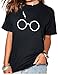Peceony Cotton Glasses Print Women Short Sleeve Crew Neck T-shirts Black 3XL