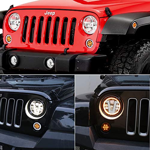 JK Turn Signal Lights White DRL Amber LED Front Grill Signal Parking Lights Smoke Lens Replace 2007-2017 Jeep Wrangler JK JKU