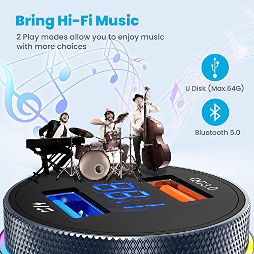 Upgraded Bluetooth FM Transmitter for Car, VT Auto-Tune Bluetooth Car Adapter, 2 Microphones & QC3.0 Bluetooth Radio for Car/Music Player/Car Kit with Big Knob Button, 9 Colors LED Backlit