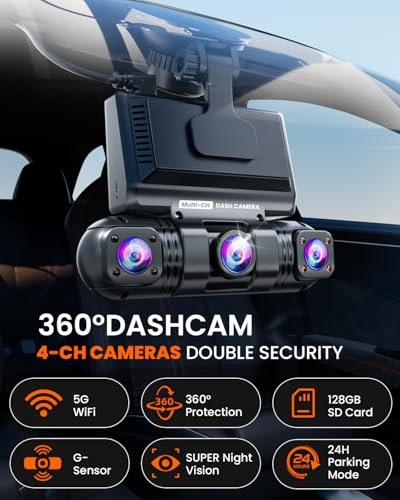 360° Dash Cam Front and Rear,4 Channel 2K Dash Cams for Cars,2K+1080P*3 Car Camera, Built-in Wi-Fi & APP, G-Sensor, 8 IR Lamps Night Vision, 64GB SD Card