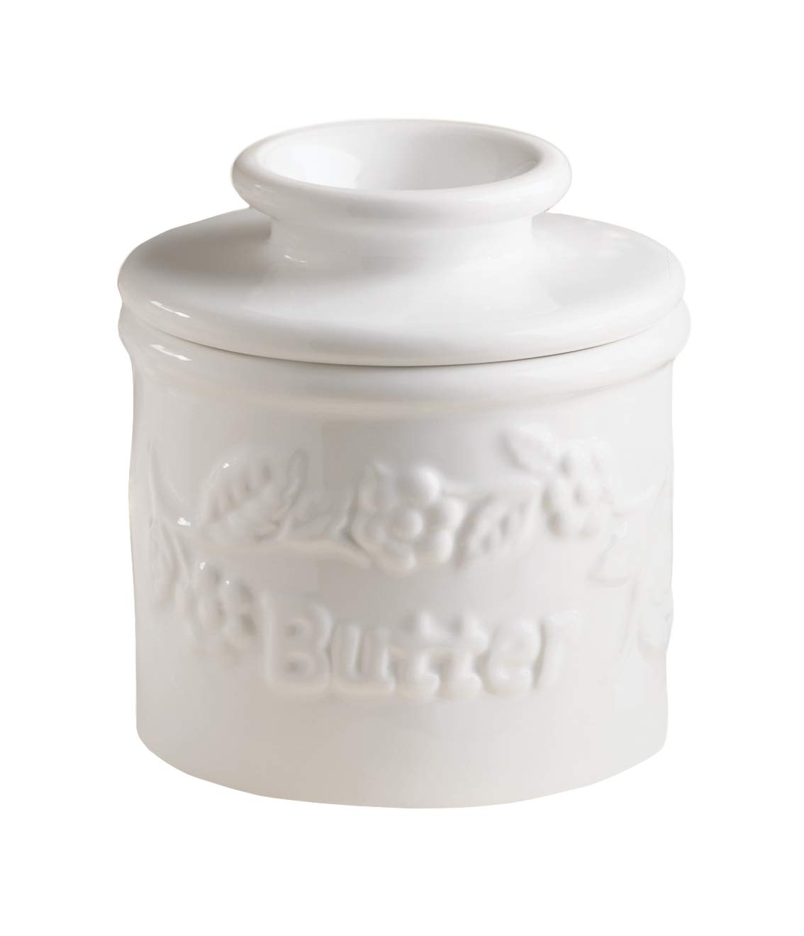Butter Bell - The Original Butter Bell crock by L Tremain, a Countertop French Ceramic Butter Dish Keeper for Spreadable Butter, Fleur de Lis Collection (White Raised Floral)