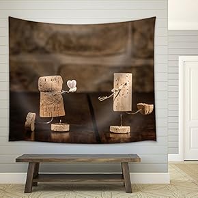 Concept Marriage Proposal with Wine Cork Figures - Fabric Wall Tapestry Home Decor - 51x60 inches