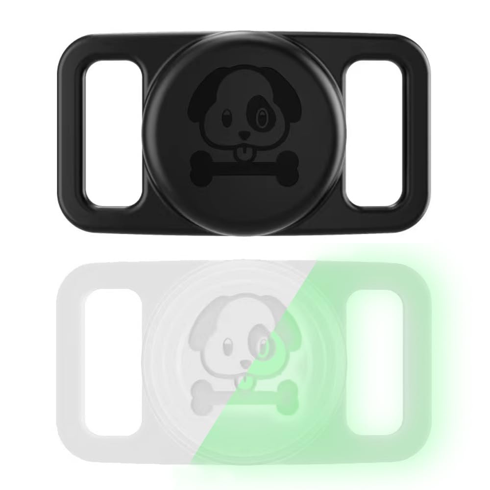 2 Pack Collar Stands for Dogs and Cats for Apple AirTag: AIYAAIYA Silicone Protective Case Waterproof Anti-Loss Compatible with Air Tag (Black + Fluorescent Transparent)