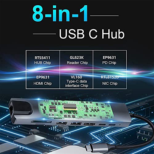 USB C Hub Ethernet Adapter, 8 in 1 USB-C Adapter with HDMI 4K 30Hz, LAN RJ45, 100W PD, SD/Micro SD, USB 3.0/2.0 for MacBook Pro/Air M1, iPad Pro/Air, Surface Pro 8 Docking Station