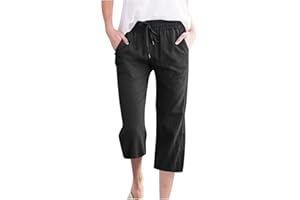 Capri Pants for Women Casual 2024 Summer Drawstring Elastic High Waist Linen Pants Straight Wide Leg Plus Size Lounge Capris