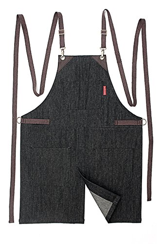 Cross-Back Apron - Ash Black Denim - Split-Leg - Brown Leather