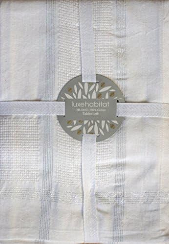 LuxeHabitat Fabric Cotton Holiday Christmas Tablecloth Silver Tinsel Threading in a Plaid Stripe Pattern on a Solid White Background with Textured Areas 60 Inches by 108 Inches