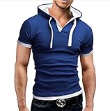 DOUBLEC Men's Short Sleeve POLO Shirt Hooded Solid Color T-shirt Blue XL