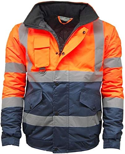 Mens Waterproof Hi Visibility Two Tone Safety Quilted Bomber Jacket Standard Safety Work Wear Jackets Orange/Navy Medium
