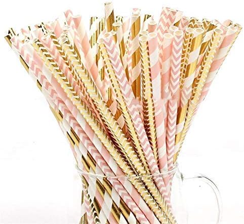 100Pcs Paper Drinking Straws Biodegradable Pink/Gold Striped Drinking Straws Bulk for Party Birthday Wedding Christmas Hallowmas
