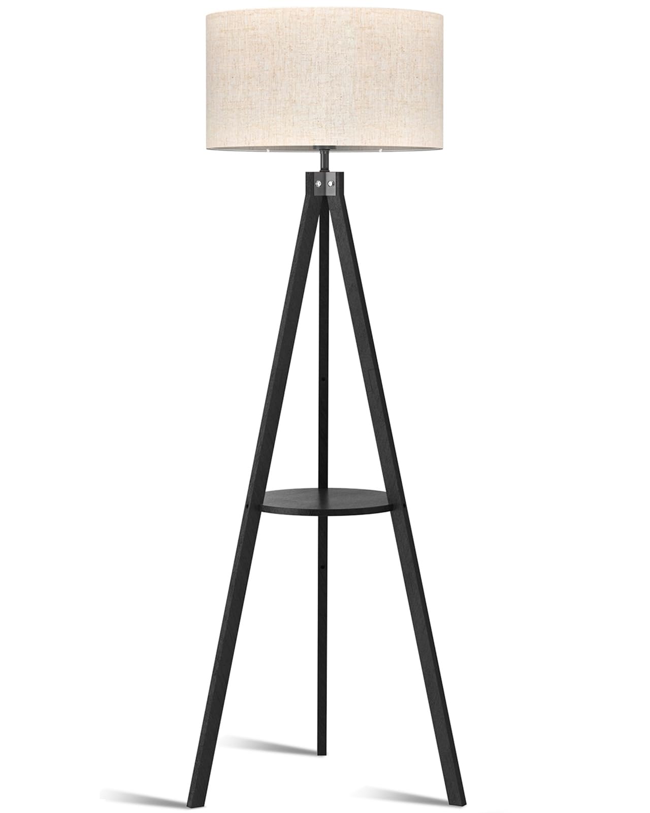 Photo 1 of LEPOWER Tripod Floor Lamp, Mid Century Wood Standing Lamp, Modern Design Shelf Floor Lamp for Living Room, Bedroom, Office, Flaxen Lamp Shade with E26 Lamp Base Black