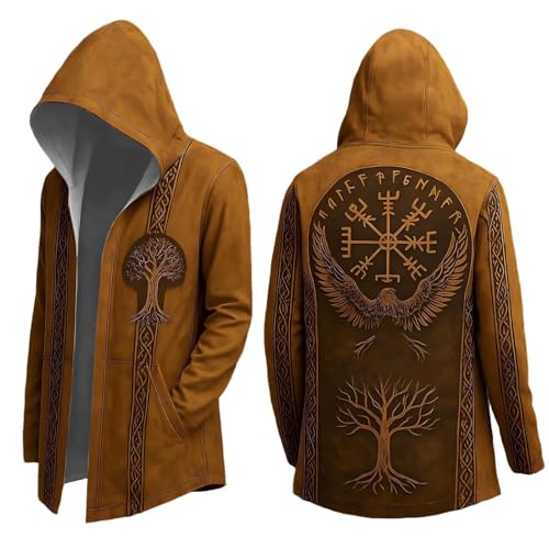 Men's Viking Hoodie Medium Length Cardigan Cosplay Costume with Hood 3D Printed Cool Coat Biker Jacket Sweatshirt Leisure & Motorcycle Jacket (A2-Brown, XXL)