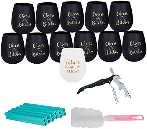 Pack of 26 Bachelorette Party Weddin Bridesmaid Gift - Include 1 White Future Mrs Silicone cup 11 Black Cheers Bitches Silicone Cups 1 Opener 1 Brush 12 Silicone Straws - Beveage Beer Cocktail Cups