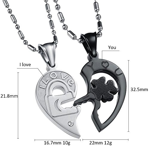 Happy Hours - His and Hers Heart Shape Couples Necklace Engraved I Love You Open Your Heart/Fortunate Four Leaf Clover Key and Stainless Steel Lock Pendant Couples Necklace with Black Bag(Black)