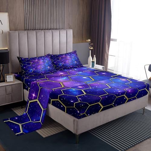 Manfei Yellow Honeycomb Sheet Set Queen Size, Blue Galaxy Bedding Set, Geometric Hexagon Print on Starry Sky Bed Sheet Set 4pcs with Fitted Sheet + Flat Sheet + 2 Pillowcases, Kids Boy Girl Room Decor at Amazon