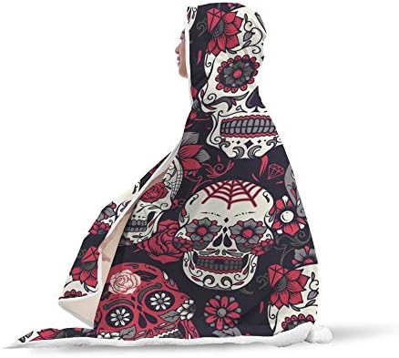 Westtreg Velvet Plush Warm Hooded Blanket for Adults Red Sugar Skull Printed Floral Sherpa Throw Blanket Gothic Microfiber-150cm(H) x200cm(W)