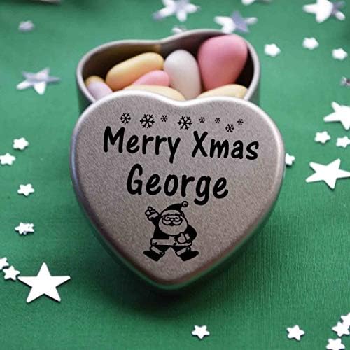 Gift In Can Merry Xmas George Heart Shaped Mini Tin Gift filled with mini coloured chocolates perfect christmas card alternative for George Fun Festive Santa Design