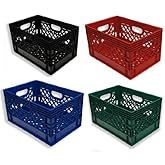 24qt 4 Pack HDPE Plastic Black, Blue, Red, &amp; Green Milk Crates