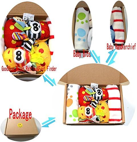 GoodOkay 4-Piece Baby Infant Soft Toy [Zebra and Donkey] Animal Wrist Rattle and Foot Finder Developmental Soft Toy Set with baby Cotton Bibs