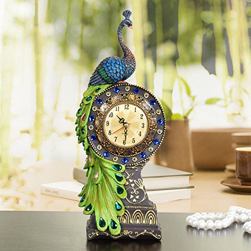 YOURNELO Retro Resin Peacock Numeral Noiseless Desk Clock for Living Room (Green)