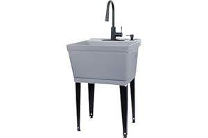 Grey Utility Sink Laundry Tub With High Arc Black Faucet By VETTA - Pull Down Sprayer Spout, Heavy Duty Slop Sinks For Washing Room, Basement, Garage, or Shop, Free Standing Tubs