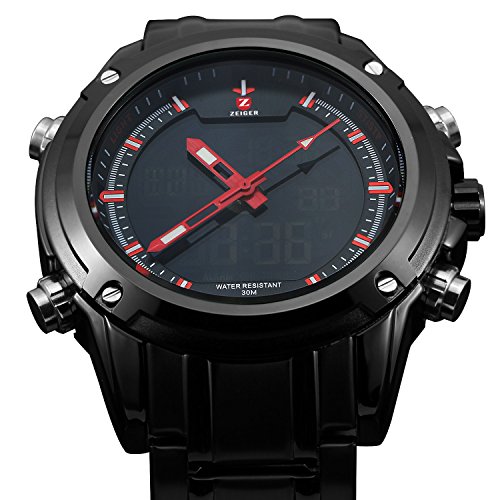 Zeiger New Men Analog Digital Sport Watch Black Stainless Steel Military Aviator Pilot LED Display Watch for Men (Black)