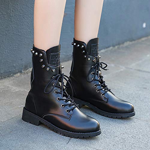 Hunzed Women【Leather Round Toe Lace-Up Boots】Women Military Knit Ankle Cuff Low Heel Combat Boots (5.5 M US, Black)